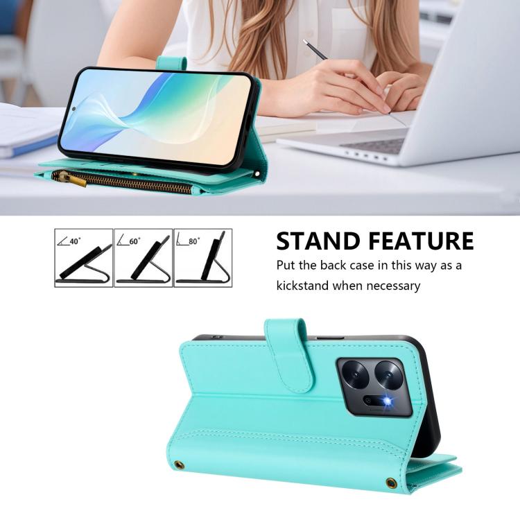 For Infinix Zero 20 Magnetic Closure 9 Card Slots Zipper Leather Case with Hand Strap