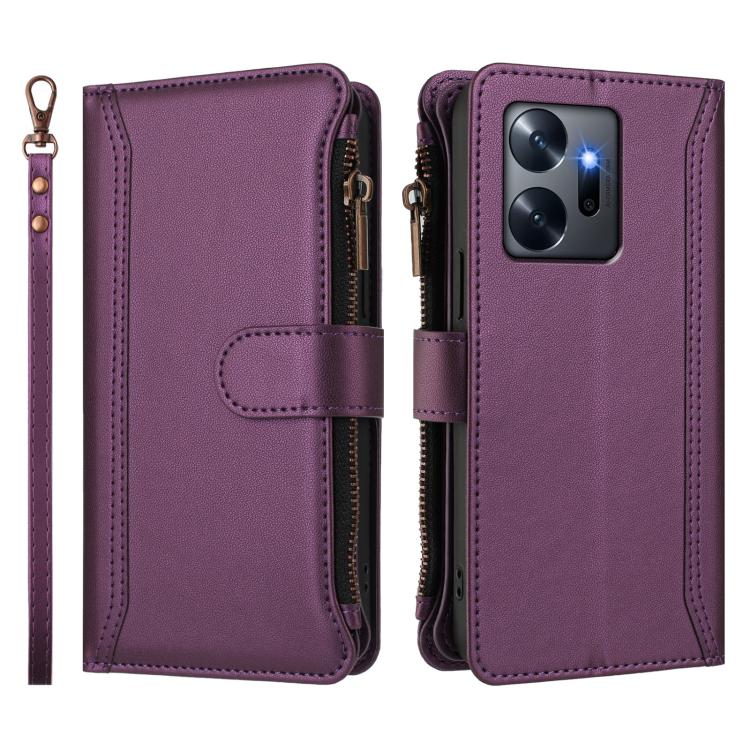 For Infinix Zero 20 Magnetic Closure 9 Card Slots Zipper Leather Case with Hand Strap