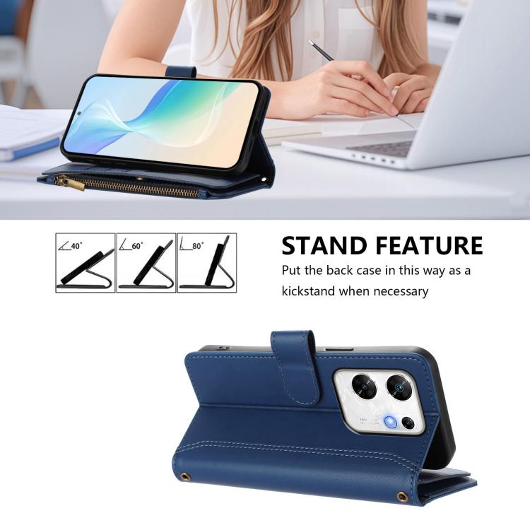 For Infinix Zero 30 4G Magnetic Closure 9 Card Slots Zipper Leather Case with Hand Strap