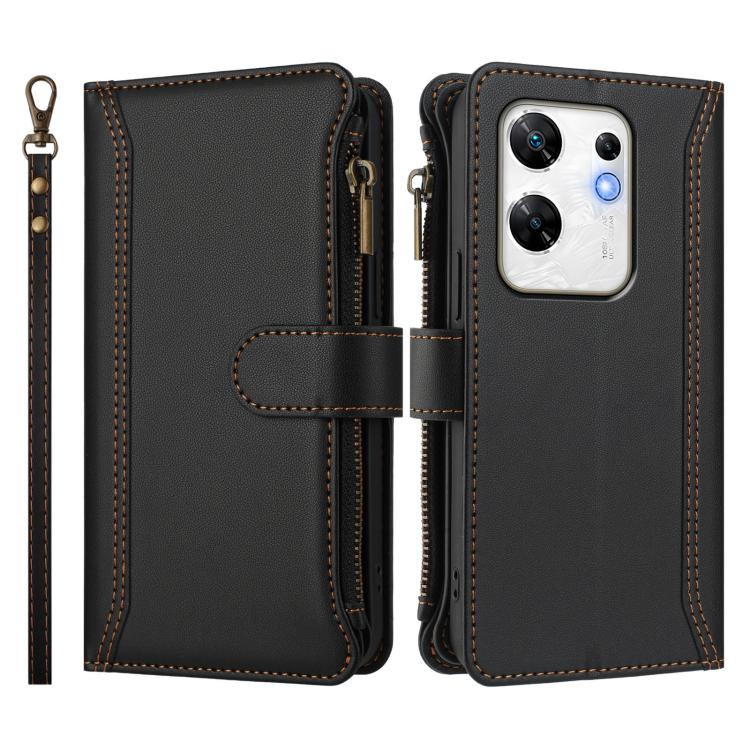 For Infinix Zero 30 4G Magnetic Closure 9 Card Slots Zipper Leather Case with Hand Strap