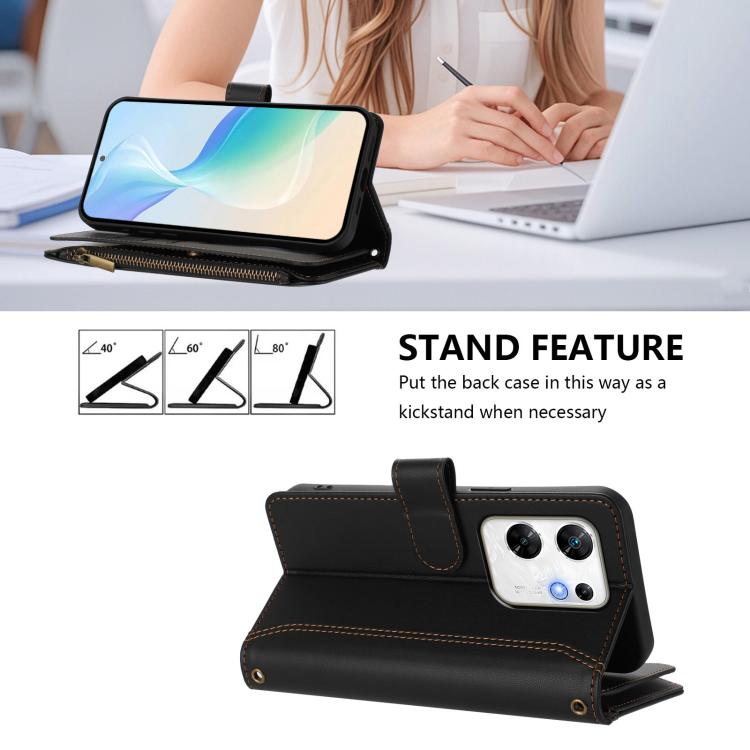 For Infinix Zero 30 4G Magnetic Closure 9 Card Slots Zipper Leather Case with Hand Strap