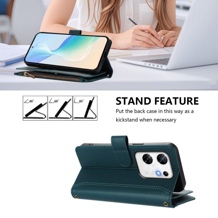 For Infinix Zero 30 4G Magnetic Closure 9 Card Slots Zipper Leather Case with Hand Strap