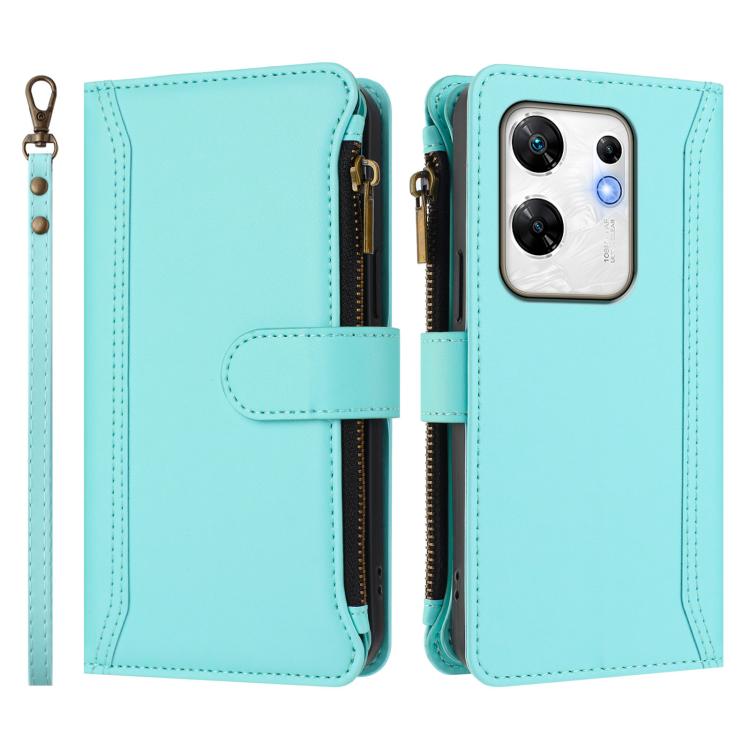 For Infinix Zero 30 4G Magnetic Closure 9 Card Slots Zipper Leather Case with Hand Strap