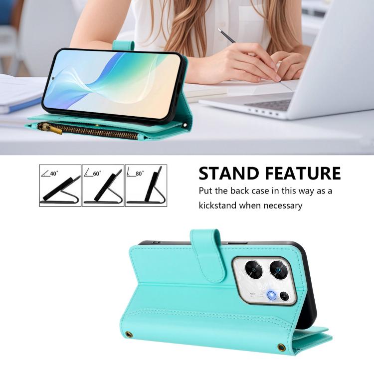 For Infinix Zero 30 4G Magnetic Closure 9 Card Slots Zipper Leather Case with Hand Strap