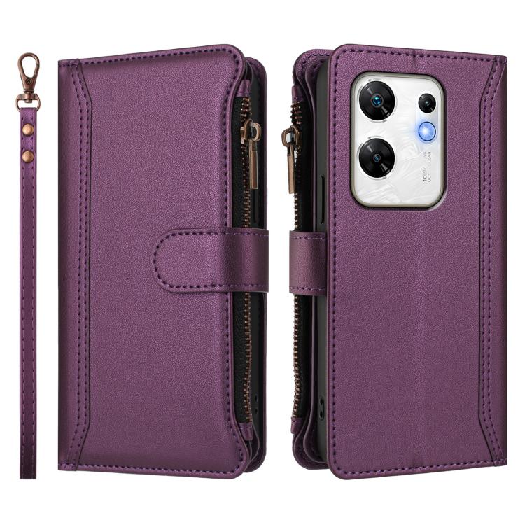 For Infinix Zero 30 4G Magnetic Closure 9 Card Slots Zipper Leather Case with Hand Strap