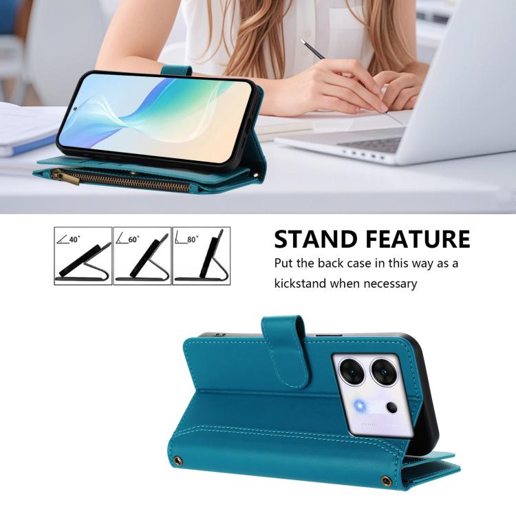 For Infinix Zero 30 5G Magnetic Closure 9 Card Slots Zipper Leather Case with Hand Strap