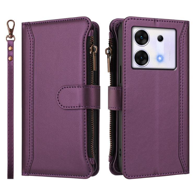 For Infinix Zero 30 5G Magnetic Closure 9 Card Slots Zipper Leather Case with Hand Strap