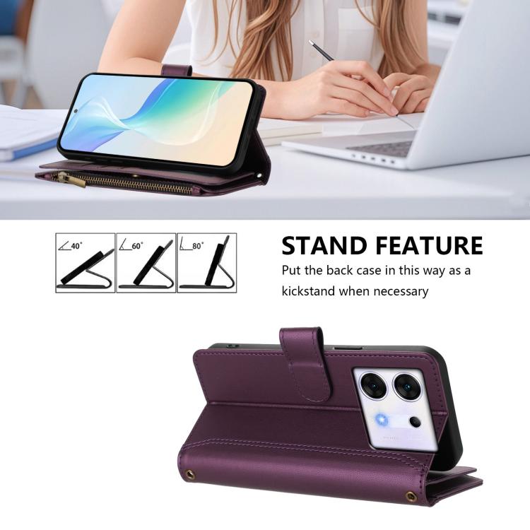For Infinix Zero 30 5G Magnetic Closure 9 Card Slots Zipper Leather Case with Hand Strap