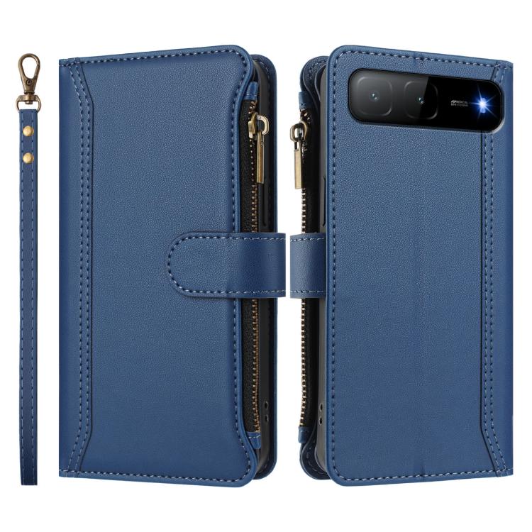 For Infinix Hot 60i 5G / Tecno Spark Go 5G Magnetic Closure 9 Card Slots Zipper Leather Case with Hand Strap