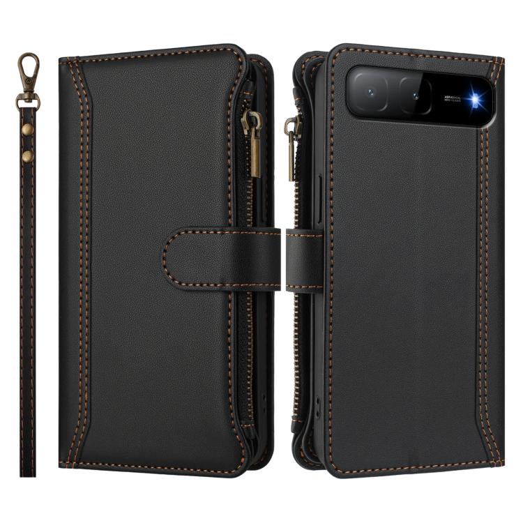 For Infinix Hot 60i 5G / Tecno Spark Go 5G Magnetic Closure 9 Card Slots Zipper Leather Case with Hand Strap