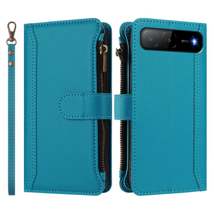 For Infinix Hot 60i 5G / Tecno Spark Go 5G Magnetic Closure 9 Card Slots Zipper Leather Case with Hand Strap