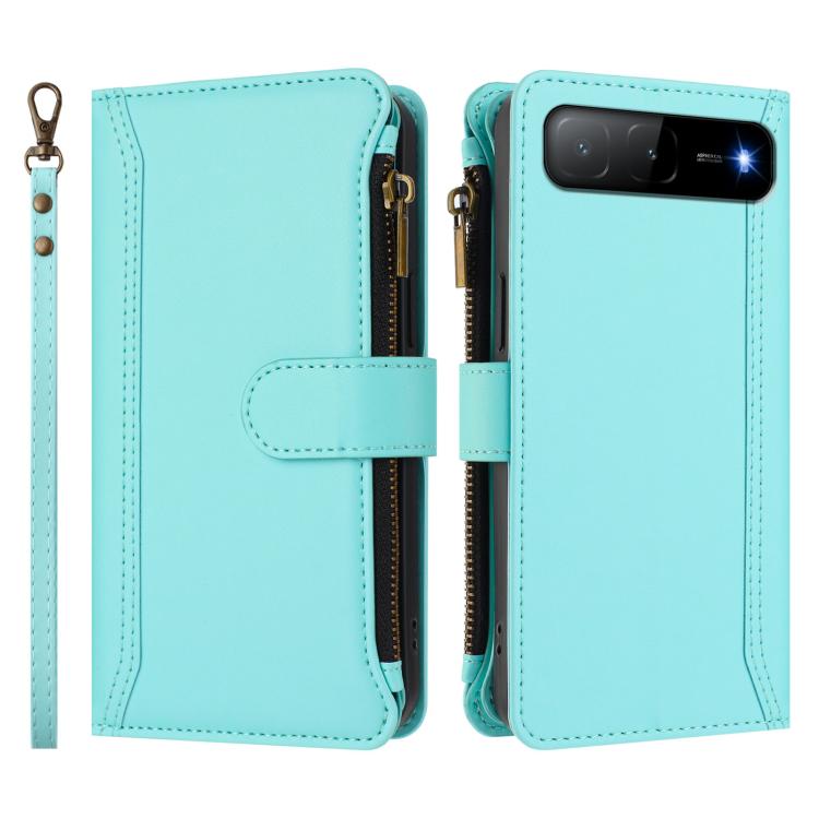 For Infinix Hot 60i 5G / Tecno Spark Go 5G Magnetic Closure 9 Card Slots Zipper Leather Case with Hand Strap