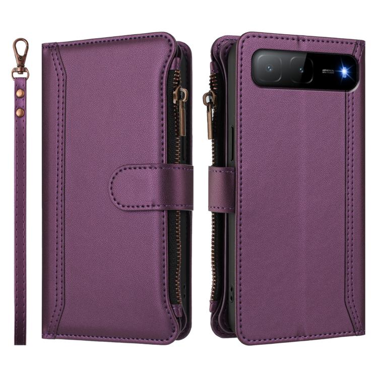 For Infinix Hot 60i 5G / Tecno Spark Go 5G Magnetic Closure 9 Card Slots Zipper Leather Case with Hand Strap
