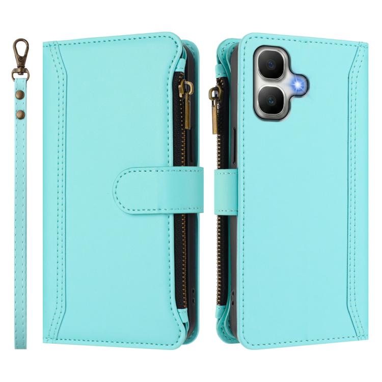 For Infinix Smart 20 4G / X6840 Magnetic Closure 9 Card Slots Zipper Leather Case with Hand Strap