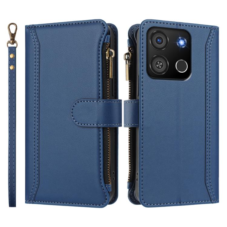 For itel A05s Magnetic Closure 9 Card Slots Zipper Leather Case with Hand Strap