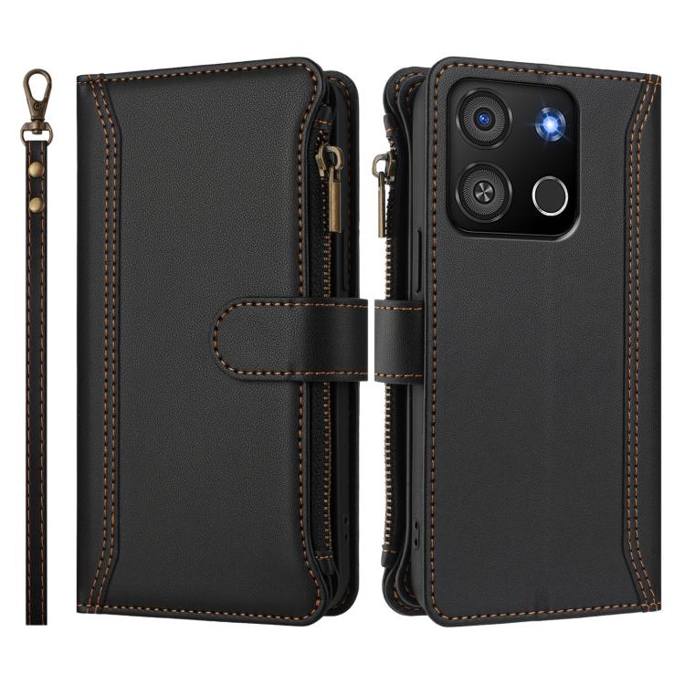 For itel A05s Magnetic Closure 9 Card Slots Zipper Leather Case with Hand Strap