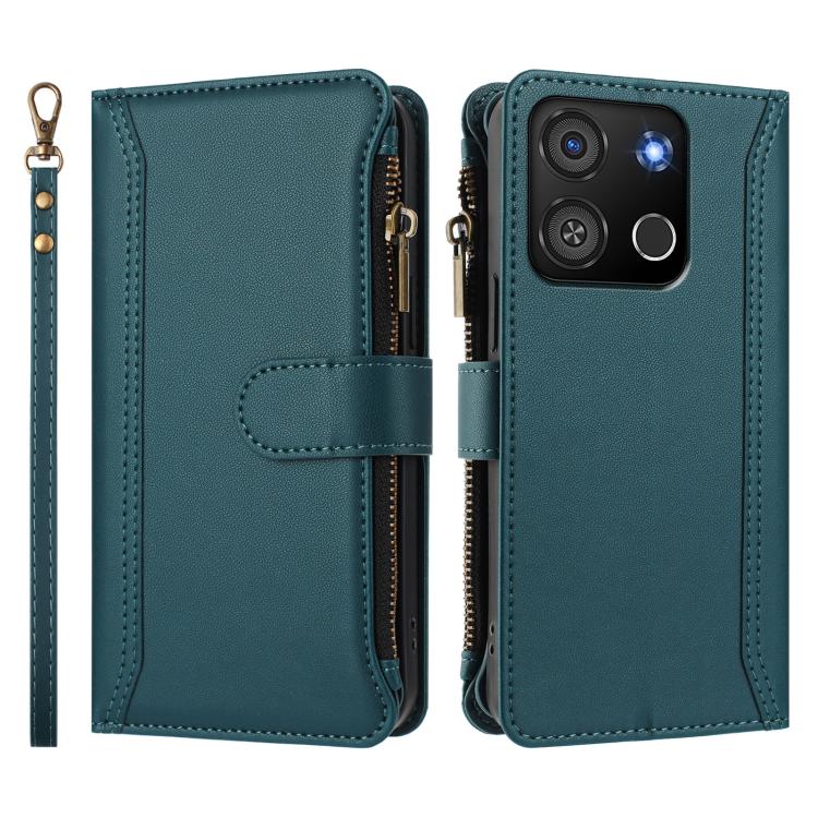 For itel A05s Magnetic Closure 9 Card Slots Zipper Leather Case with Hand Strap