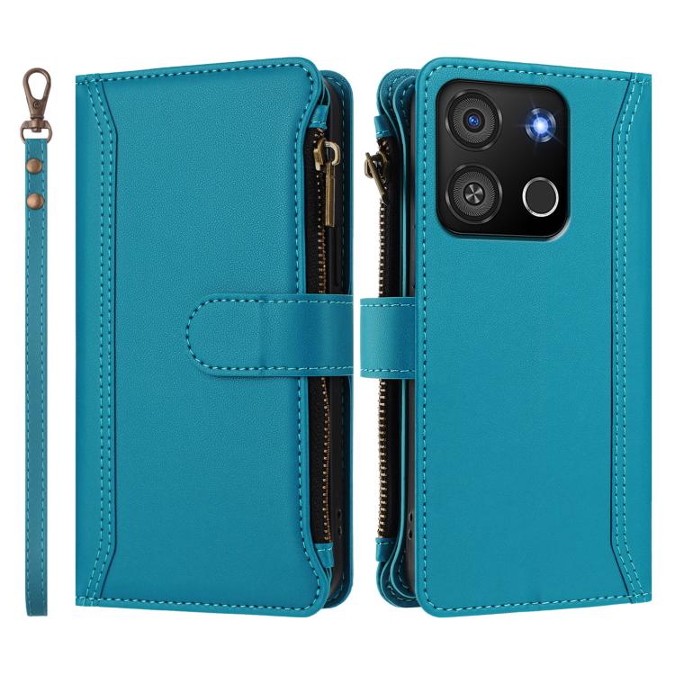 For itel A05s Magnetic Closure 9 Card Slots Zipper Leather Case with Hand Strap
