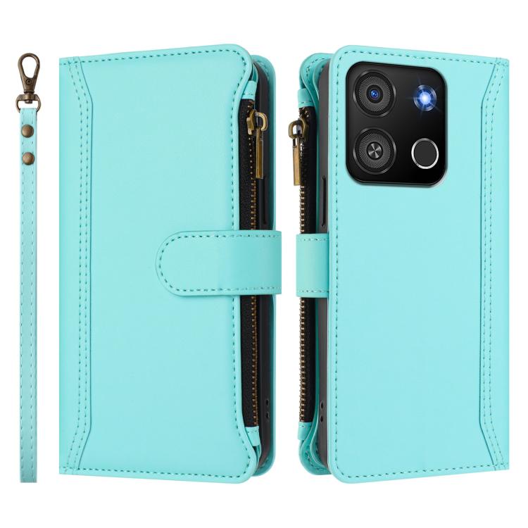 For itel A05s Magnetic Closure 9 Card Slots Zipper Leather Case with Hand Strap
