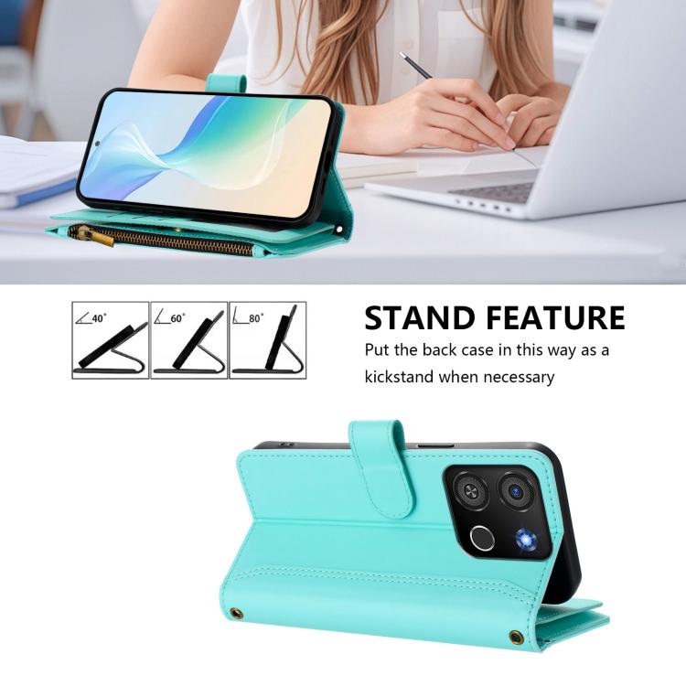 For itel A05s Magnetic Closure 9 Card Slots Zipper Leather Case with Hand Strap