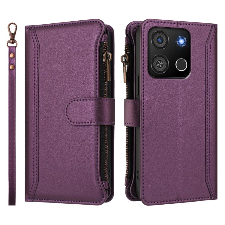 For itel A05s Magnetic Closure 9 Card Slots Zipper Leather Case with Hand Strap