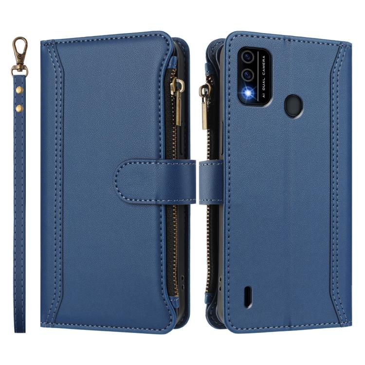 For itel A48 Magnetic Closure 9 Card Slots Zipper Leather Case with Hand Strap