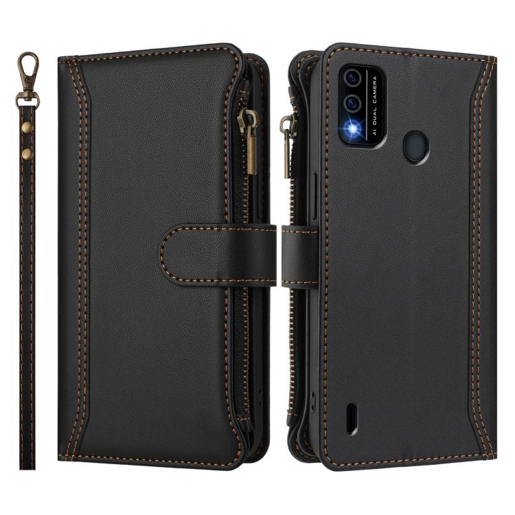 For itel A48 Magnetic Closure 9 Card Slots Zipper Leather Case with Hand Strap