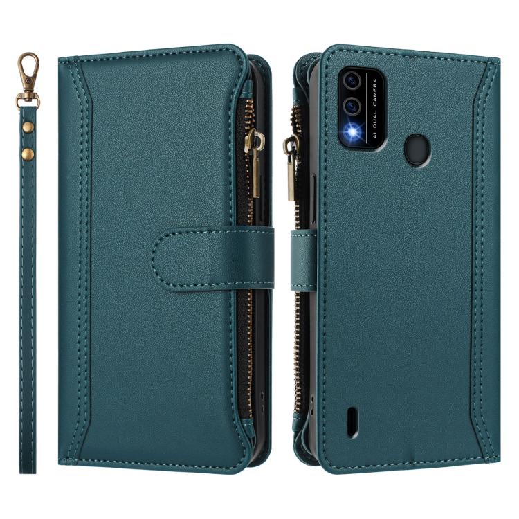 For itel A48 Magnetic Closure 9 Card Slots Zipper Leather Case with Hand Strap