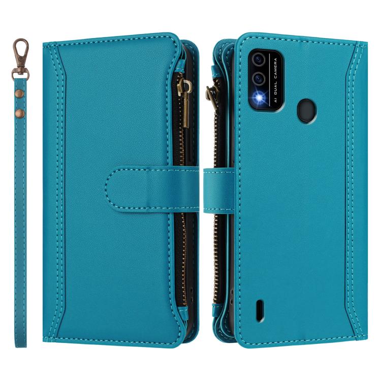 For itel A48 Magnetic Closure 9 Card Slots Zipper Leather Case with Hand Strap