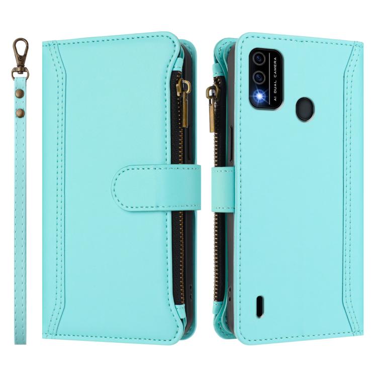 For itel A48 Magnetic Closure 9 Card Slots Zipper Leather Case with Hand Strap