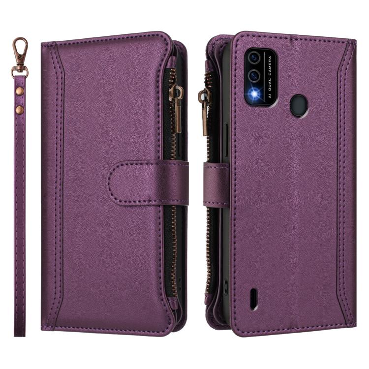 For itel A48 Magnetic Closure 9 Card Slots Zipper Leather Case with Hand Strap
