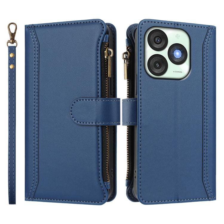 For itel A50 Magnetic Closure 9 Card Slots Zipper Leather Case with Hand Strap