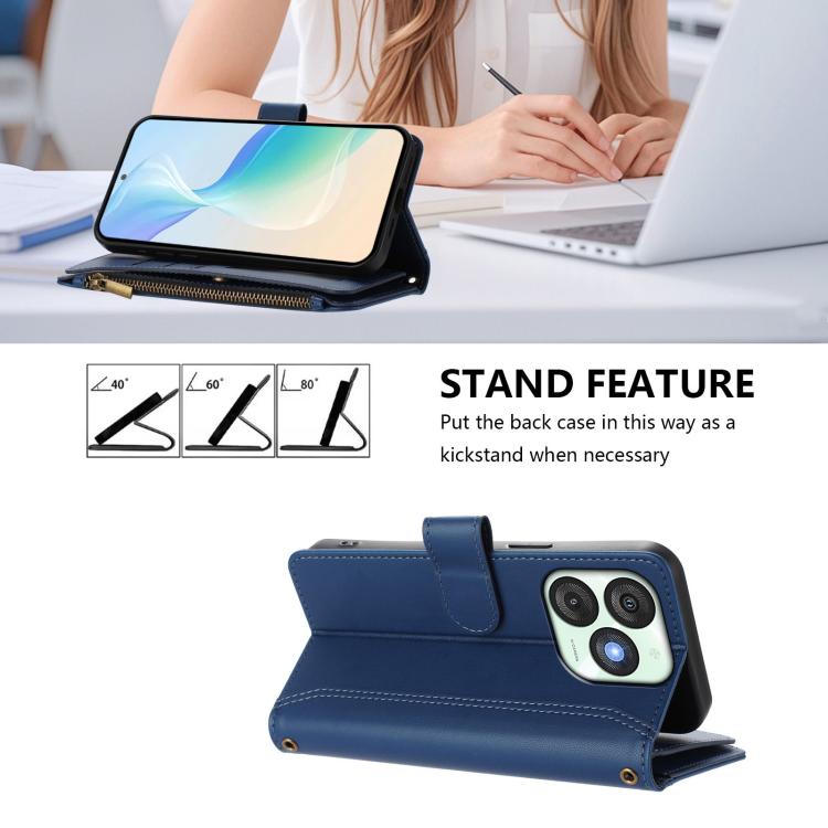 For itel A50 Magnetic Closure 9 Card Slots Zipper Leather Case with Hand Strap