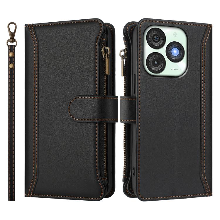 For itel A50 Magnetic Closure 9 Card Slots Zipper Leather Case with Hand Strap