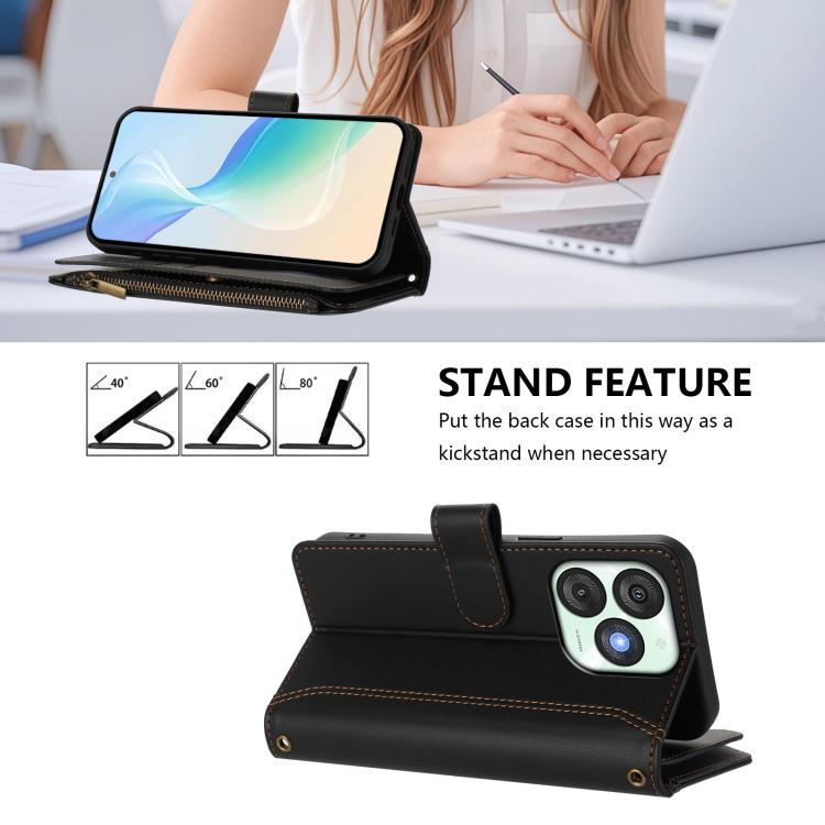For itel A50 Magnetic Closure 9 Card Slots Zipper Leather Case with Hand Strap