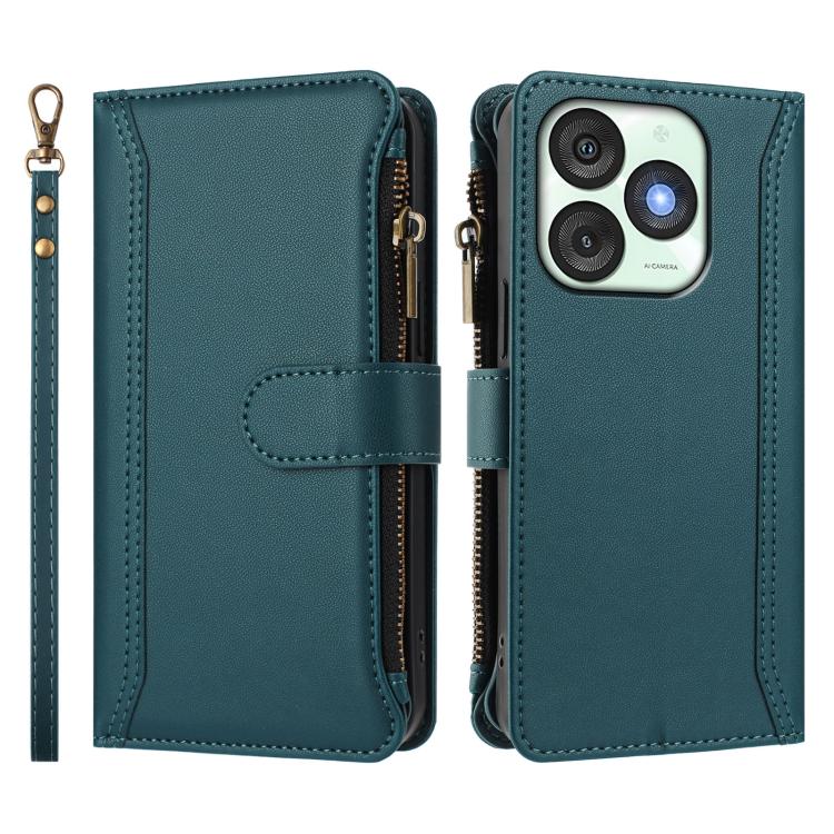 For itel A50 Magnetic Closure 9 Card Slots Zipper Leather Case with Hand Strap