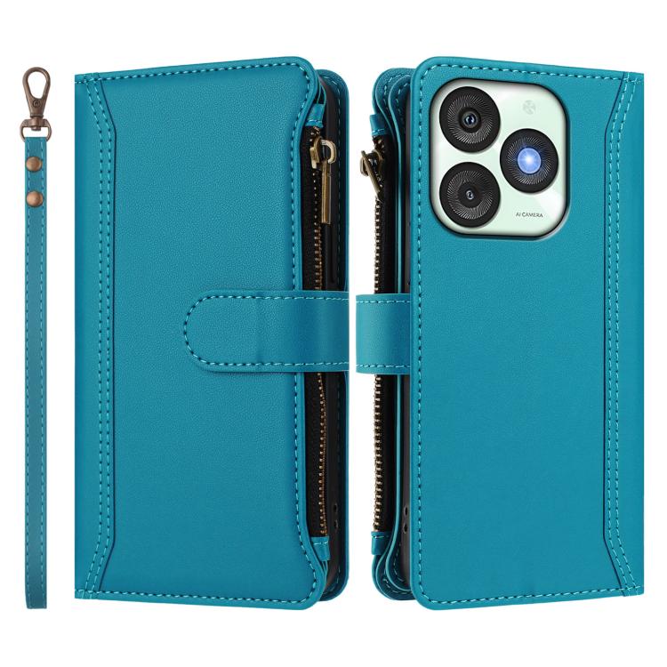 For itel A50 Magnetic Closure 9 Card Slots Zipper Leather Case with Hand Strap