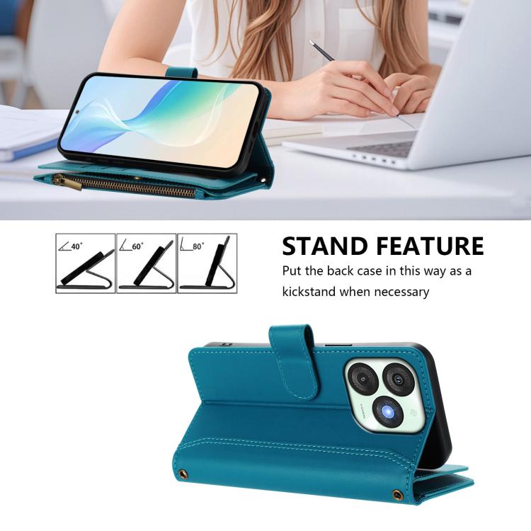 For itel A50 Magnetic Closure 9 Card Slots Zipper Leather Case with Hand Strap