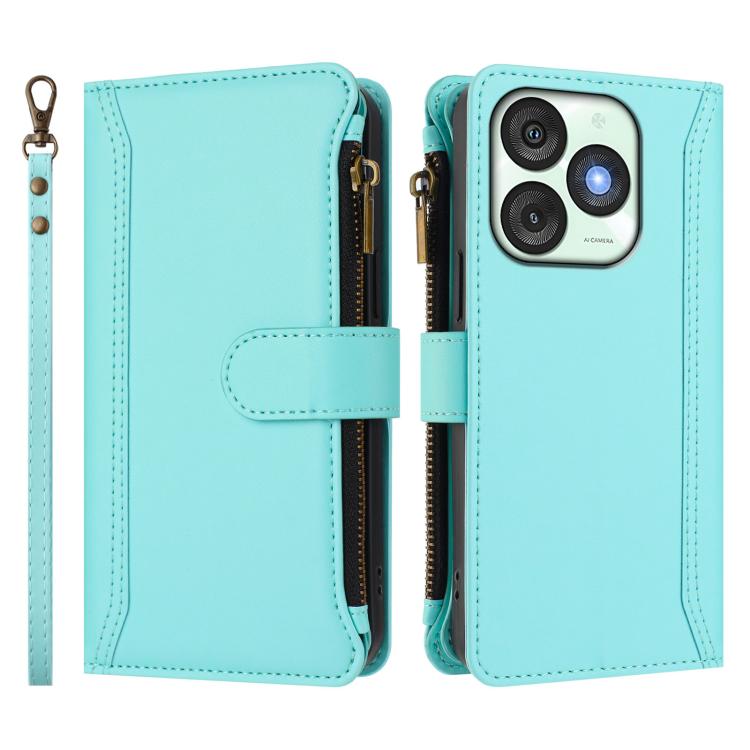 For itel A50 Magnetic Closure 9 Card Slots Zipper Leather Case with Hand Strap