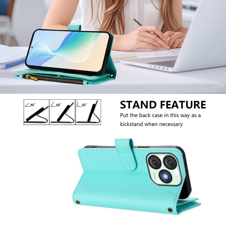 For itel A50 Magnetic Closure 9 Card Slots Zipper Leather Case with Hand Strap