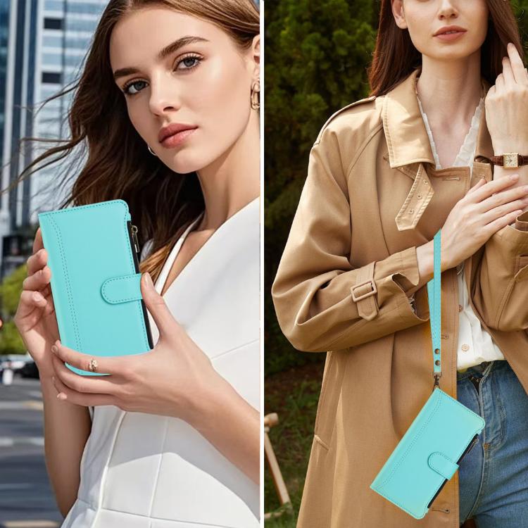 For itel A50 Magnetic Closure 9 Card Slots Zipper Leather Case with Hand Strap