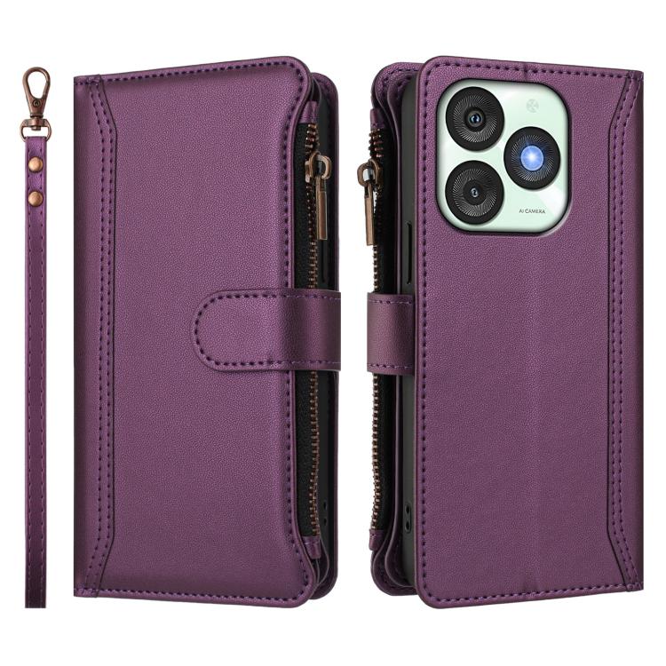 For itel A50 Magnetic Closure 9 Card Slots Zipper Leather Case with Hand Strap