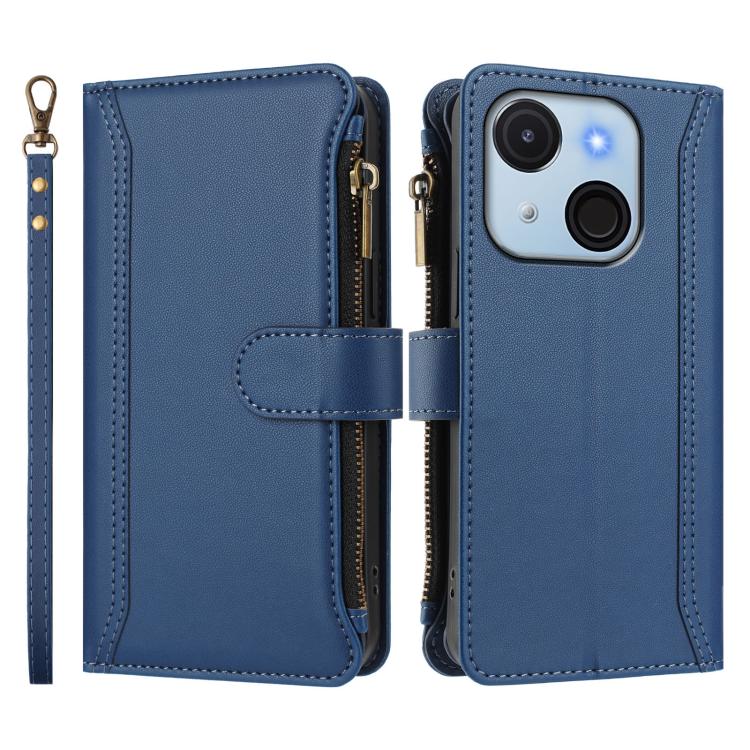 For itel A50C Magnetic Closure 9 Card Slots Zipper Leather Case with Hand Strap