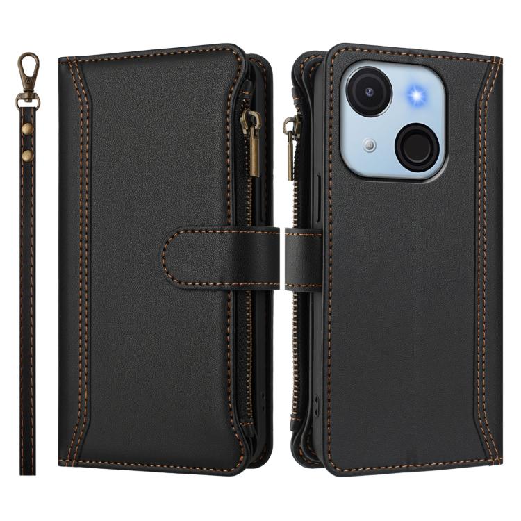 For itel A50C Magnetic Closure 9 Card Slots Zipper Leather Case with Hand Strap