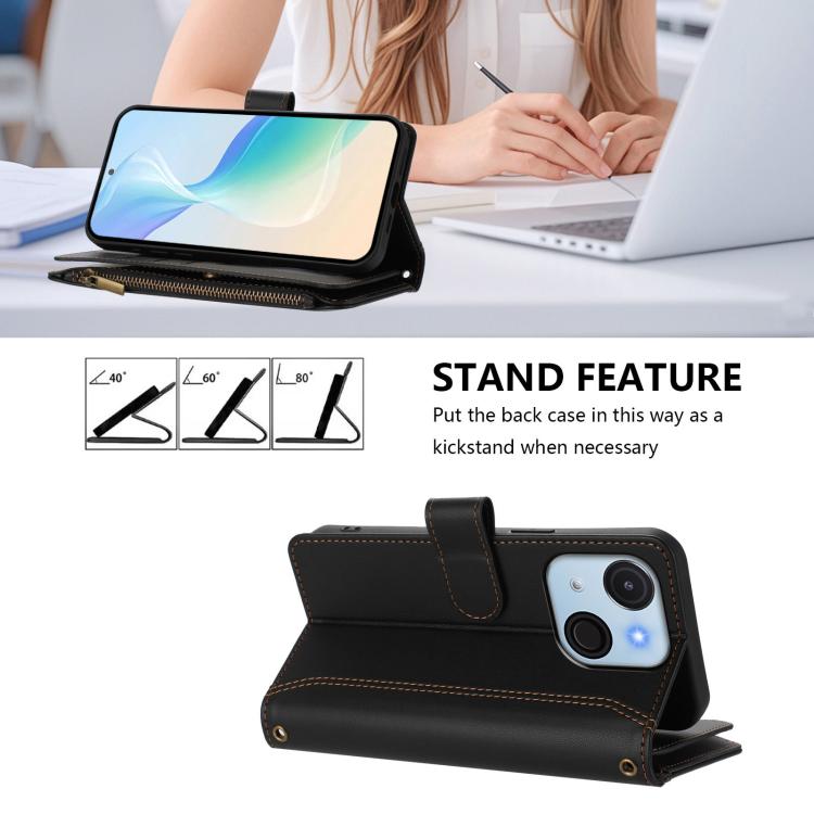 For itel A50C Magnetic Closure 9 Card Slots Zipper Leather Case with Hand Strap