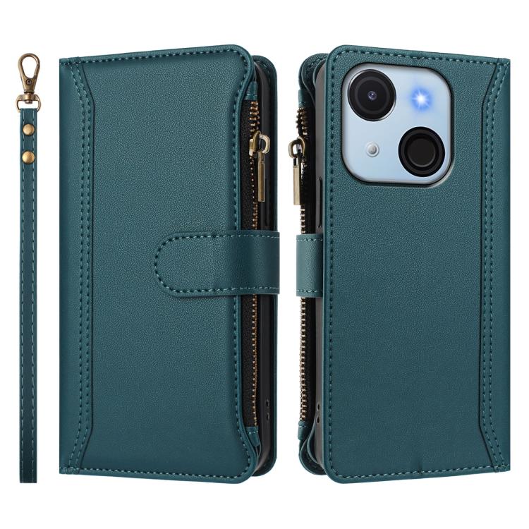For itel A50C Magnetic Closure 9 Card Slots Zipper Leather Case with Hand Strap