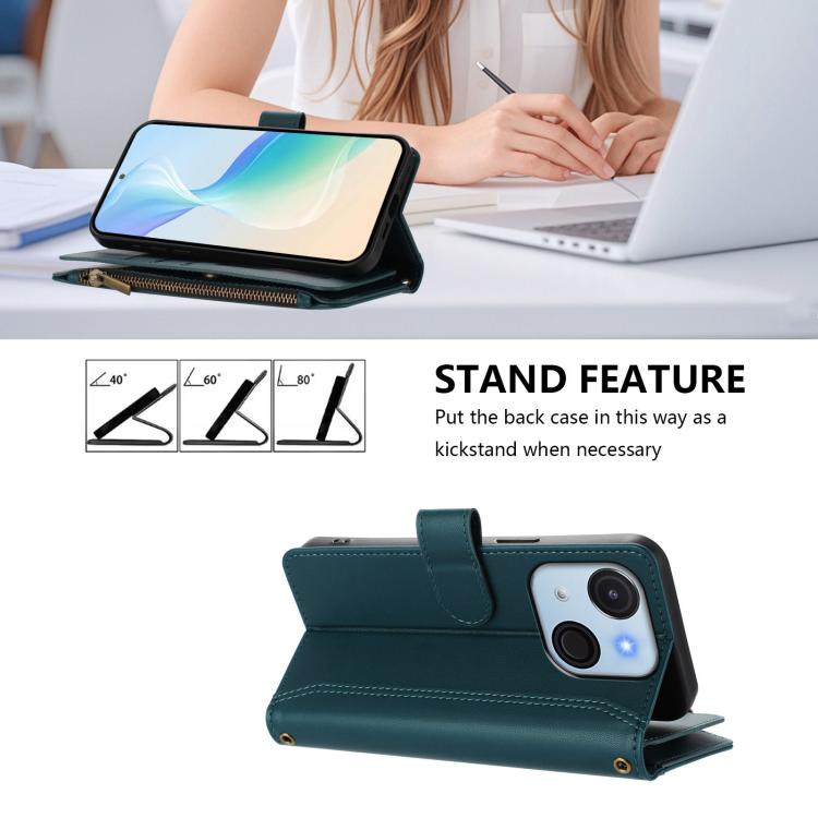 For itel A50C Magnetic Closure 9 Card Slots Zipper Leather Case with Hand Strap