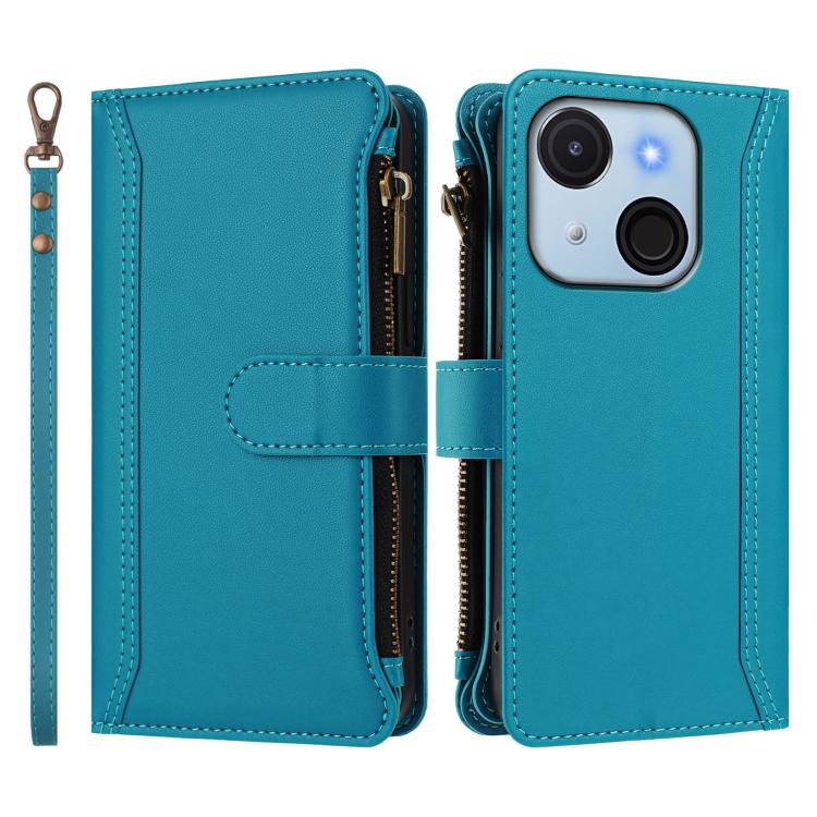 For itel A50C Magnetic Closure 9 Card Slots Zipper Leather Case with Hand Strap