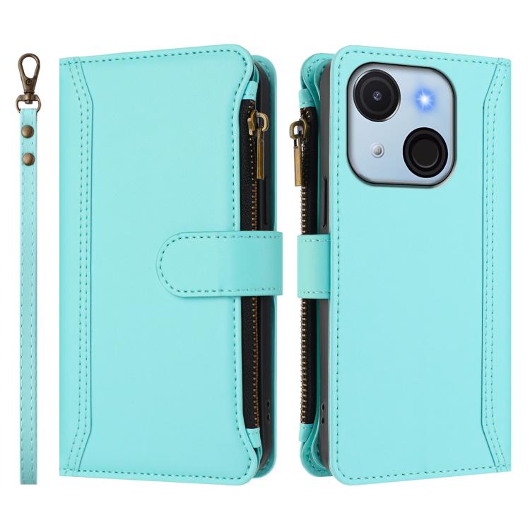 For itel A50C Magnetic Closure 9 Card Slots Zipper Leather Case with Hand Strap