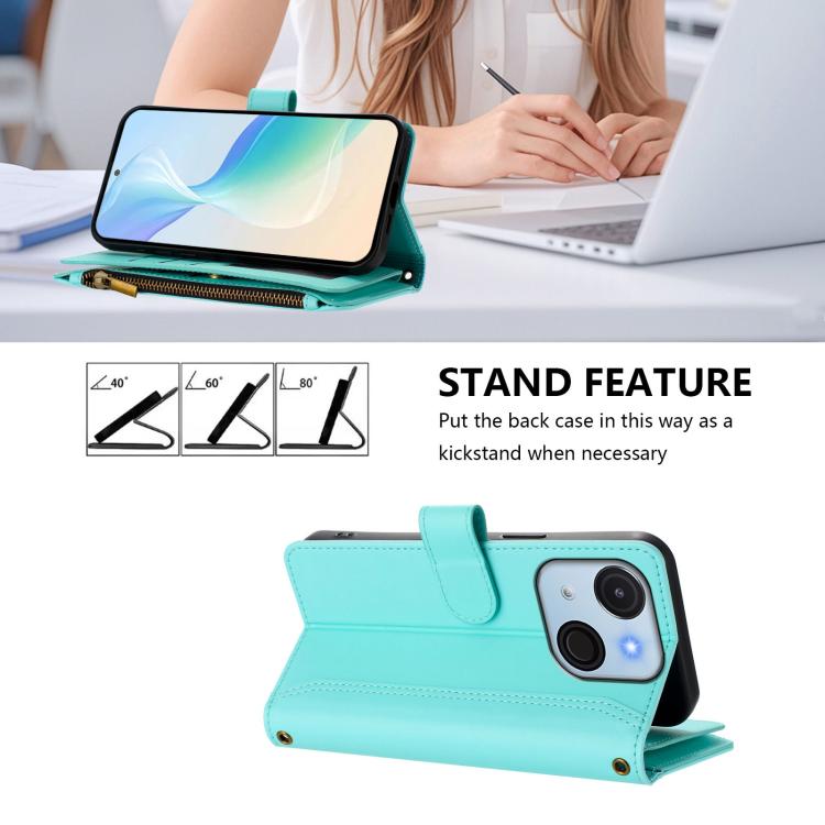 For itel A50C Magnetic Closure 9 Card Slots Zipper Leather Case with Hand Strap